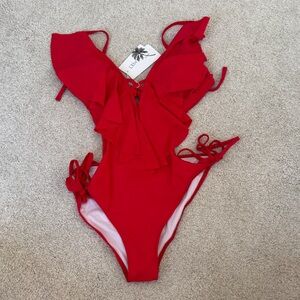 NWT Red Ruffled One-Piece Cut out Swimsuit